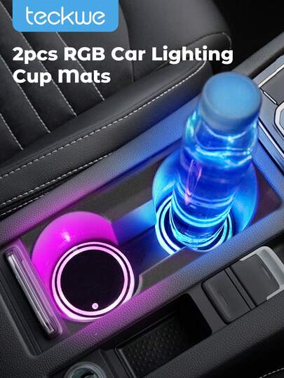 Teckwe 2 Peças Luzes de Porta-Copos de Carro LED, Porta-Copos Iluminados para Carros com 7 Cores Mutáveis, Acessórios de Carro À Prova d'Água, Presentes de Carro para Homens e Mulheres