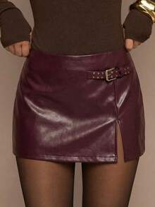 SHEIN BAE 春夏女式纯色酒红色低腰时尚A字型皮质迷你裙，酒红色半身裙，情人节半身裙，适合休闲外出、通勤、上学及各种休闲场合。 - 酒紅色 - 查看 1