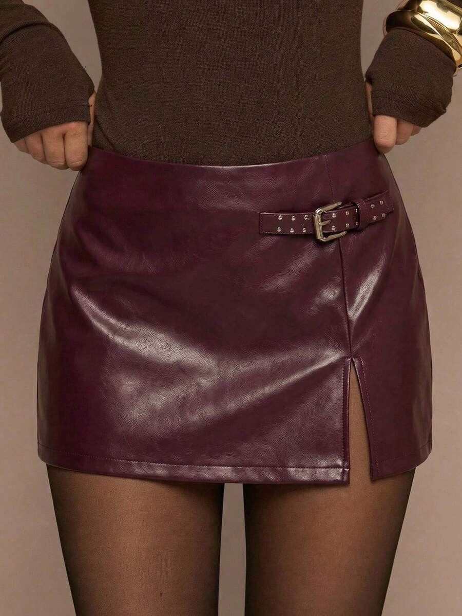 SHEIN BAE 春夏女式纯色酒红色低腰时尚A字型皮质迷你裙，酒红色半身裙，情人节半身裙，适合休闲外出、通勤、上学及各种休闲场合。 - 酒紅色 - 查看 1