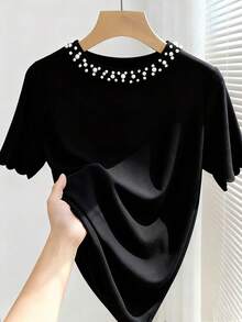 Franclia Camiseta de manga corta casual de mujer con decoración de tachuelas, verano