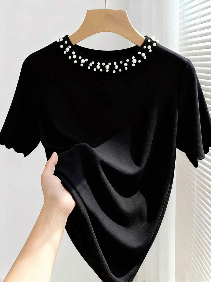 Franclia Camiseta de manga corta casual de mujer con decoración de tachuelas, verano