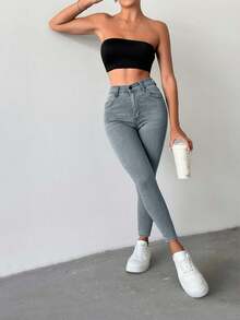 SHEIN Petite High Waist Casual Skinny Jean - Baby Blue - View 3