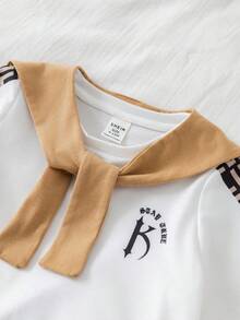 SHEIN 3件套幼儿男童休闲撞色短袖T恤、针织上衣和短裤，配卡其色围巾，春夏男婴套装 - 卡其色 - 查看 5