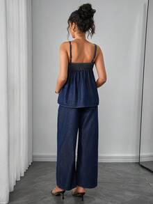 Momance Fashionable & Elegant Maternity Denim 2 Pieces Set: Wide Leg Pants & Camisole Top - Navy Blue - View 2