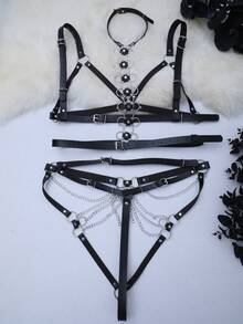 AltCore Plus Size 3-Piece Leather Decor Lingerie Set - Black - View 2