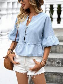 SHEIN PETITE Vintage Denim Shirt For Women, Round Neck With Frill Trim, Autumn - Light Wash - View 4