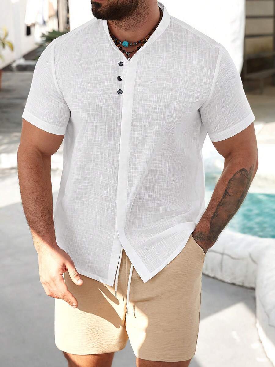 Manfinity RSRT Camisa Casual Masculina de Manga Curta com Botões na Frente, Cor Sólida, Camisa de Manga Curta, Camisa Masculina com Botões, Camisa Masculina Branca, Camisas Bonitas para Homens