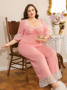 Côtesoire Elegant Lace Patchwork Palace Style Plus Size Long Sleeve Pajama Set - Dusty Pink - View 6