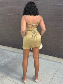 Alexandranx 露背打結緞面吊帶洋裝 - 橄欖綠 - 查看 2