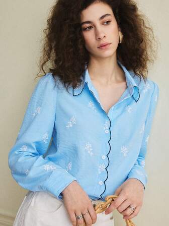 Écloséra Casual Commuting Leisure Shirt Collar Ruffle Trim Long Sleeve Printed Embroidered Blouse, Spring/Summer Women Top
