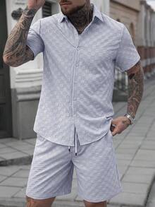 Manfinity Homme Men's Blue Gingham Summer Casual Vacation Holiday 2 Pieces Outfits,Button-Front Short Sleeve Shirt And Shorts Set,Grey Co Ord Set Summer Set For Men - Blue - View 3