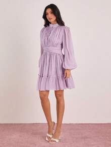 Enchnt Đầm công sở thanh lịch, màu trơn, cổ đứng, tay phồng - Màu tím - Xem 4