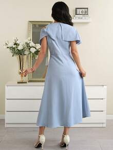 Modelyn Women's Elegant Solid Color Waist Cinched Mid-Length Dress, Summer - Blue - View 2