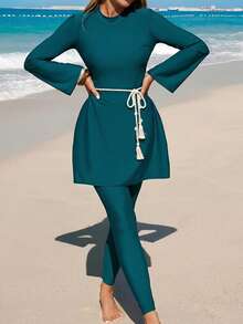 Swim Mulvari 新款橄榄绿贝壳装饰腰带，成熟时尚沙滩度假女士布基尼泳衣 - 墨綠色 - 查看 4