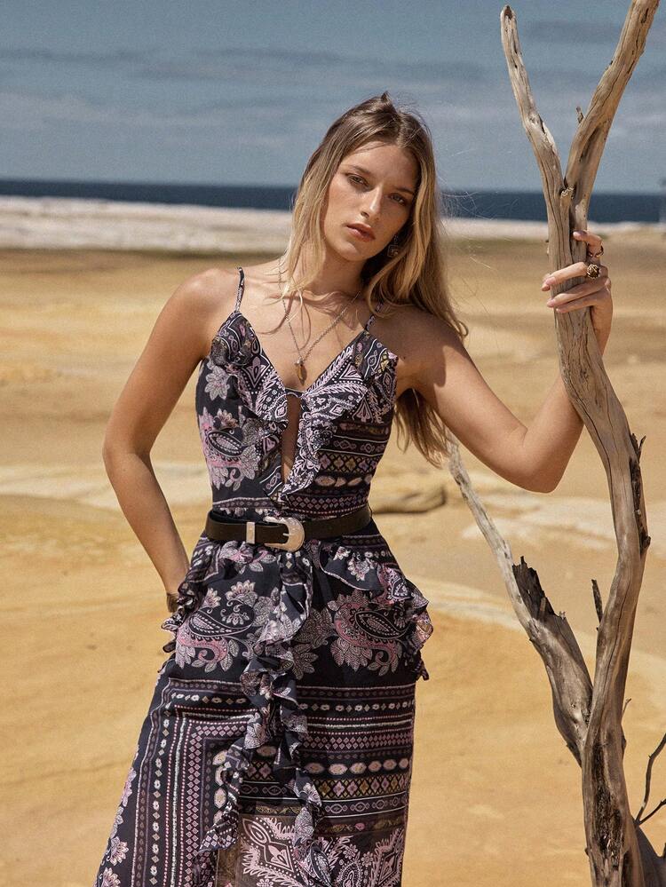 MOTF STUDIO WOMEN'S VACATION SPAGHETTI STRAP FLORAL PRINT RUFFLED WAIST DRESS WITH BELT, SPRING/SUMMER