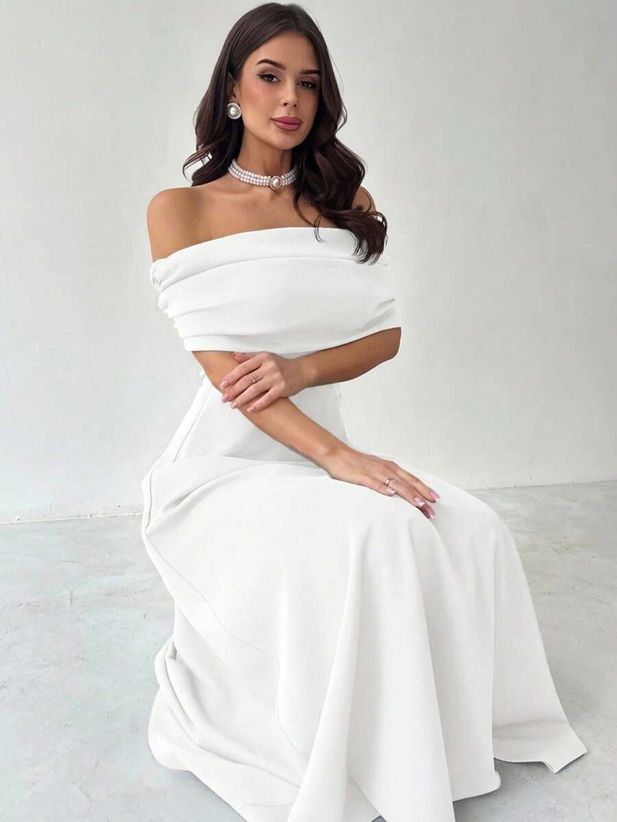 Firerie 女士优雅简约时尚浪漫性感连衣裙，露肩高腰A字伞裙，适合度假、通勤、约会，白色 - 白色 - 查看 1