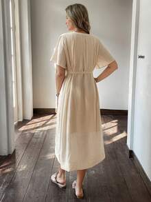 DAZY Women's Textured Fabric Waist Cinched Long Shirt Dress - Beige - View 3