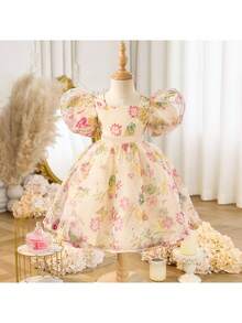 Đầm công chúa thanh lịch dễ thương cho bé gái, tay ngắn, phối lưới, thích hợp dự tiệc. - Màu be - Xem 8