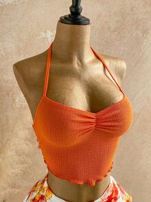 Soleia Orange Halter Top & Printed Mini Skirt 2 Pieces Set, Women's Holiday Outfit - Multicolor - View 4