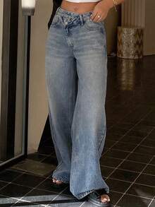 DAZY Jeans de pierna recta con diseño de cintura baja para mujer - Azul - Ver 2