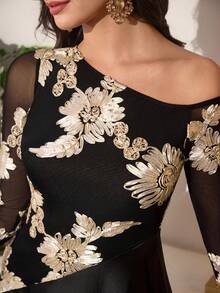 Modelyn Blouse grande taille pour femmes, sexy, marron, à épaules dénudées, en maille brodée, à manches longues, taille haute - Noir - Voir 5