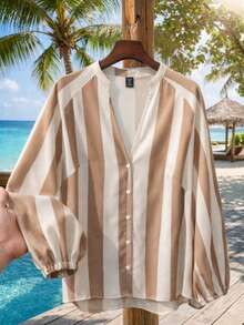 Franclia Plus Size Women's Elegant Everyday Brown Silk Shirt,Relaxed Fit Round Neck Contrast Striped Blouse Summer Autumn Top,White Sequence,Casual Blouses - Multicolor - View 6