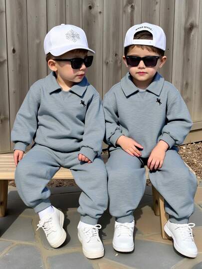 SHEIN 2pcs/Set Young Boys Casual Comfortable Solid Color Polo Collar Long Sleeve Hoodie And Sweatpants Tracksuit, Thermal Lined Thick Fabric, School Outfit