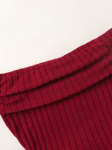 SHEIN 少女优雅撞色拼接露肩褶皱泡泡下摆两件式连衣裙，休闲丝绒连衣裙，酒红色 - 紅色 - 查看 4