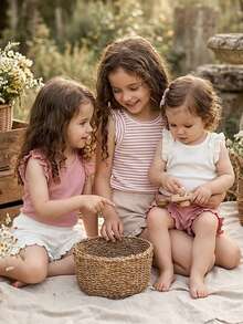 SHEIN Vintaside Kids 3件套婴幼儿女童休闲宽松舒适短裤套装，柔软透气镂空针织面料，弹性腰带配荷叶边，粉色和白色纯色，多种颜色可选，性价比高，适合春夏居家/外出/度假穿着。 - 米色 - 查看 7