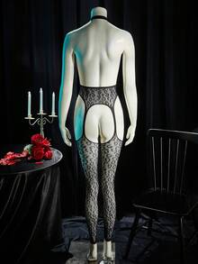 SpicyHot Women's Sexy Lingerie Jumpsuit, Leopard Print Exposed Chest, Extremely Seductive Fishnet - Black - View 2