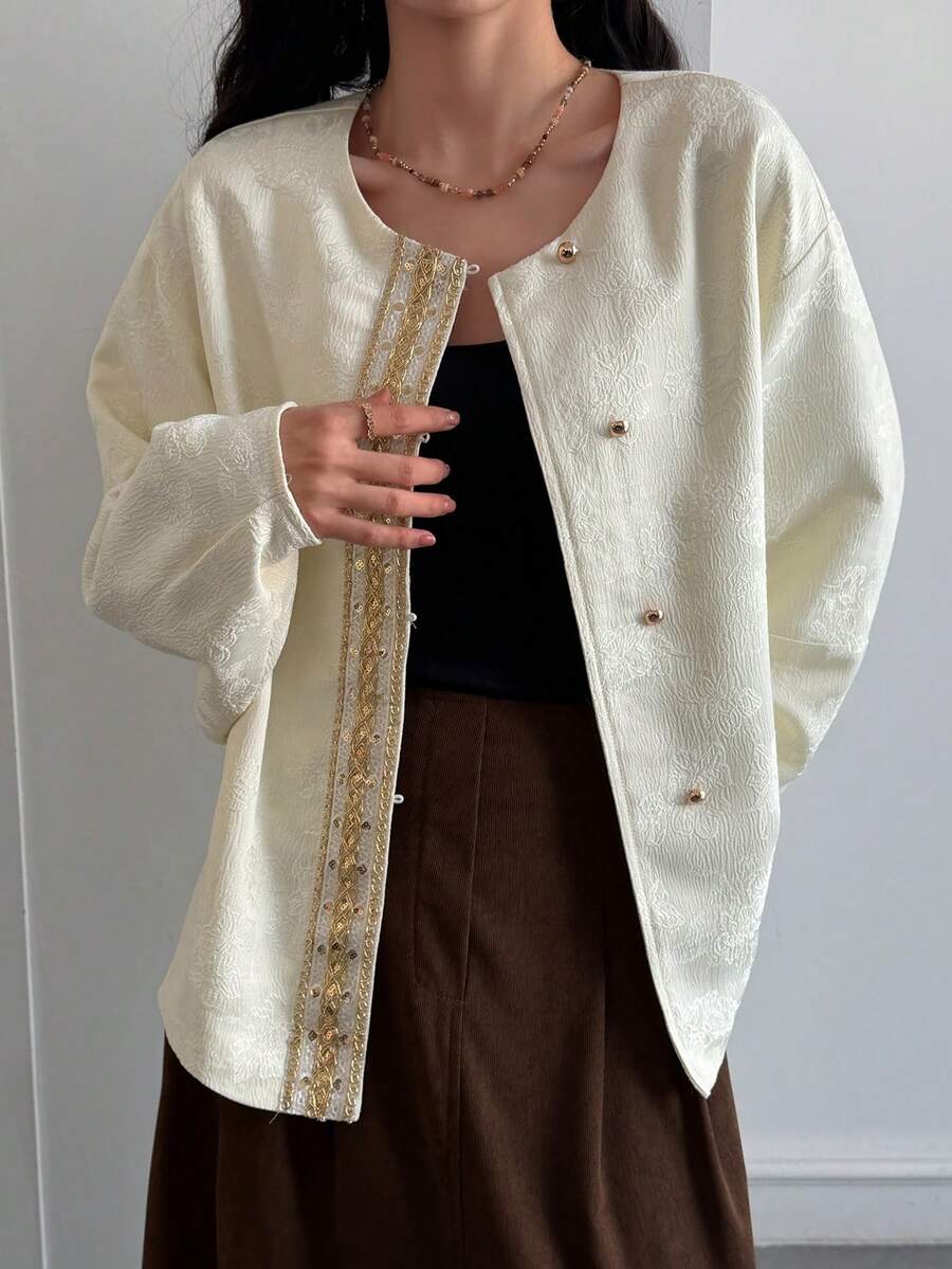 DAZY 女士刺绣前扣圆领优雅长袖常规外套 - 白色 - 查看 1