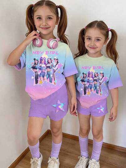 1 Set Young Girls' Casual Chic Sweet Colorful Gradient Print Cartoon K-POP Girl Print Short Sleeve Crew Neck T-Shirt And Star Print Shorts Set, Purple T-Shirt Set, Suitable For Outdoor In Summer