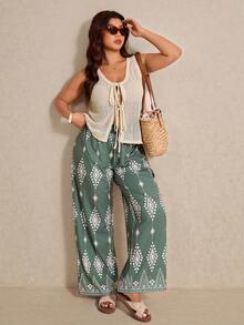 Elaquor 大码女装两件套：几何印花背心罩衫和裤子 - 彩色 - 查看 1