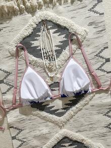 Swim Vcay 大码女士印花露背吊带比基尼上衣 - 彩色 - 查看 2