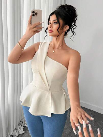 Elenzga Blusa de verano elegante francesa de un hombro con cintura fruncida y efecto estilizante para mujer de talla grande, estilo de vacaciones con diseño de hombro asimétrico y volante en el bajo, adecuada para fiestas de Año Nuevo, citas románticas o reuniones con amigos