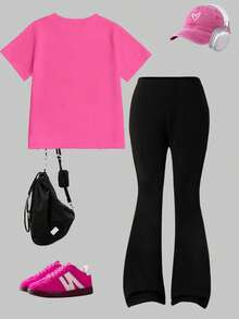 2pcs/Set Girls Casual Fashion T-Shirt And Flare Pants Outfit, Featuring Cool Cartoon Character Prints, Suitable For Spring, Autumn And Winter Seasons, Great For School, Casual Outings, Parties, Outdoor Activities, And Gifts - Multicolor - View 2