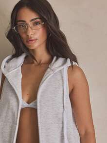 MUSERA Zip Through Sleeveless Sweatshirt Hooded Top Summer, Sporty, Casual, Day, Streetstyle, Streetwear - Light Grey - View 2