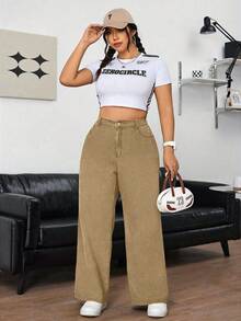 SHEIN CURVE+ Plus Size Women Cowgirl Vintage Style Loose Fit Wide Leg Jeans, Rodeo - Khaki - View 5