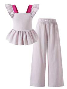 2pcs/Set Tween Girls Cute Vibrant Colorblock Spaghetti Strap Bow Ruffle Decor Short Sleeve Top And Straight Leg Pants Set, Casual Everyday & Outdoor Wear, Suitable For Spring/Summer - Pink - View 2