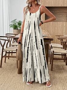 EMERY ROSE Women's Beige Tie-Dye Wide-Leg Jumpsuit, Vacation Beach Cruise Boho Music Festival Concert Wedding Guest City Trip Island Wear, Summer Outerwear Sleeveless Overalls Country Music Concert Outfit Spring - Multicolor - View 5