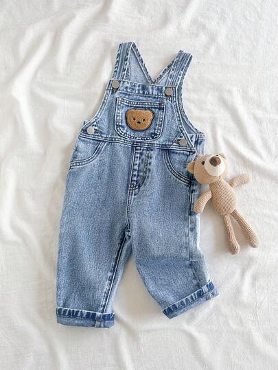Baby Boys' Fashion Bear Patch Denim Bib Pants
