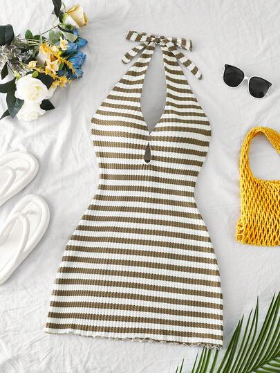 Roelina 女士性感度假风撞色条纹印花扭结露背吊带连衣裙，夏季
