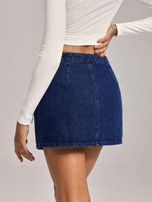 SHEIN Tall Women's Solid Color Draped Slit Casual Denim Skirt - Dark Wash - View 2
