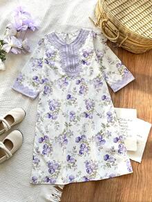 SHEIN Vintaside Kids Girls Yellow Ditsy Floral Long Sleeve Dress, Fashionable Ruffle Design Casual Wear - Purple - View 5