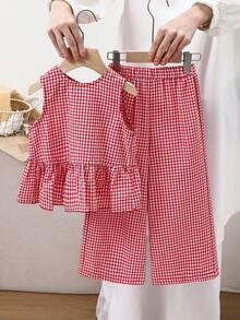 2pcs Young Girl Woven Plaid Sleeveless Casual Top And Pants Set - Red - View 4