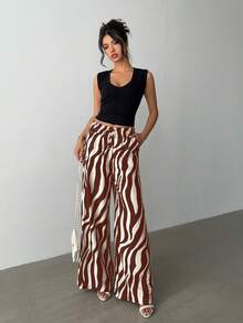 Rafferiza 女士休闲阔腿裤，人字纹花卉图案，收腰设计 - 棕色 - 查看 4