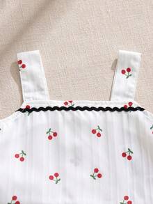 Souflis Souflis 2pcs/Set Infant & Baby Girl0-3 Years French Style Summer Outfit, Includes Ruffled Strap Vest With Cherry Print And Printed Pants, Fashionable & Cute, Suitable For Play, Home, School And Other Occasions - Multicolor - View 4