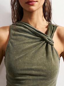 Bohemela Women's Casual Solid Color Knit Fitted Tank Top - Army Green - View 3