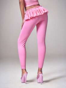 Y2Kool BiGraphic Y2K Girly Pink Mesh Ruffle Low Waist Skinny Leggings, Suitable For Spring/Summer Parties, Holidays, Valentine's Day, Casual Dopamine Outfits - Pink - View 3