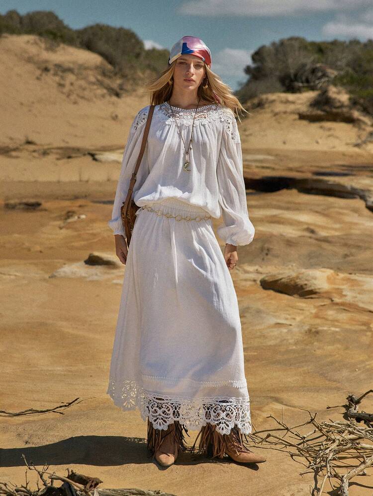 WOMEN'S LINEN PLEATED & LACE PATCHWORK ROMANTIC A-LINE SKIRT, SPRING/SUMMER